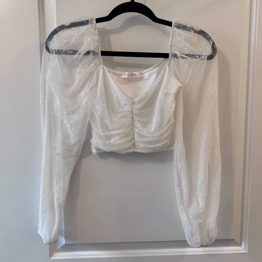 Blue Blush ruched sheer long sleeve top in white